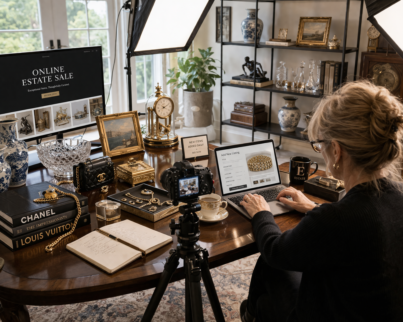 A person working at a desk filled with antiques and books, using a laptop and camera to manage an online estate sale.