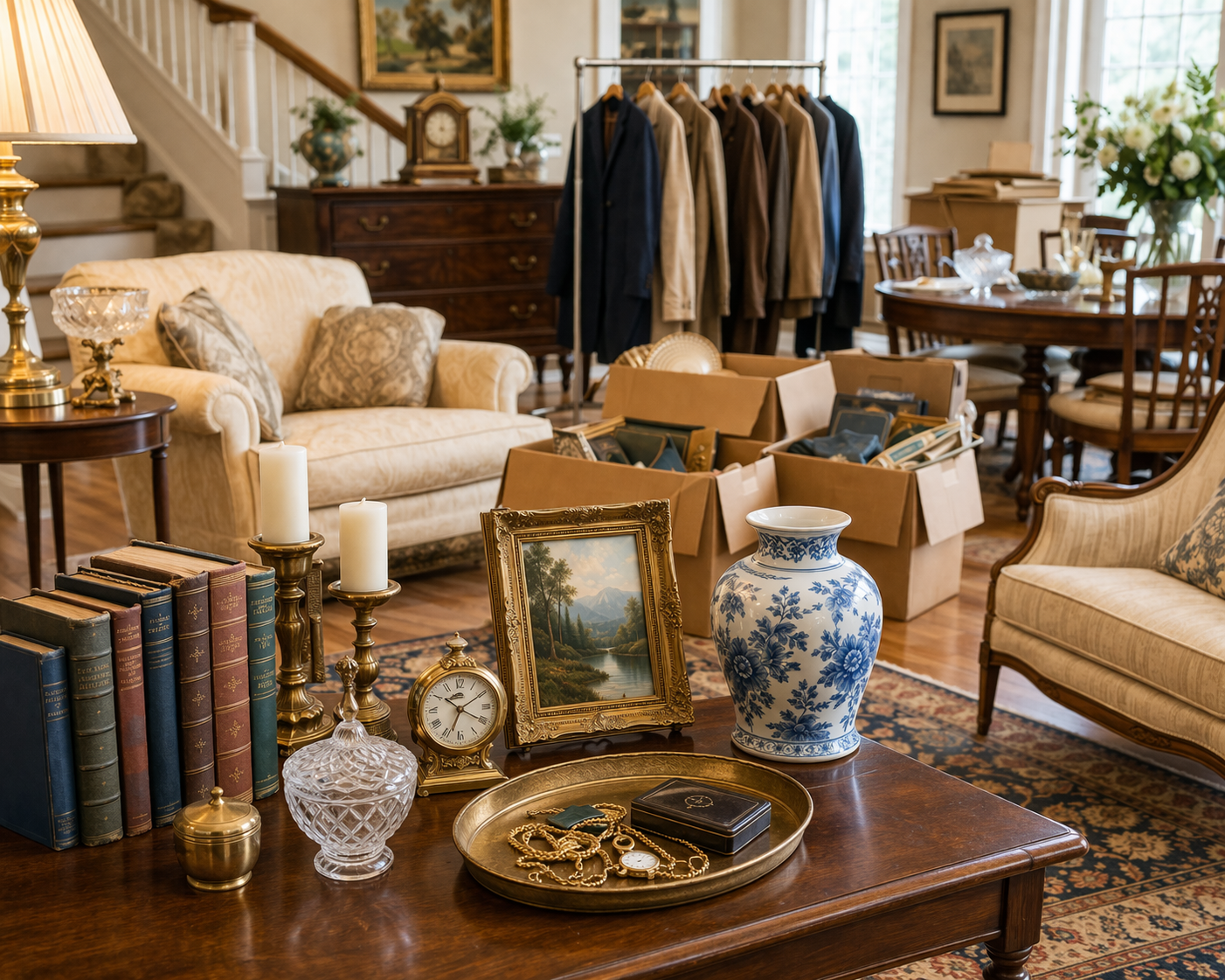 A living room scene features a coffee table with books, a clock, and a blue-and-white vase, with chairs and boxes behind.