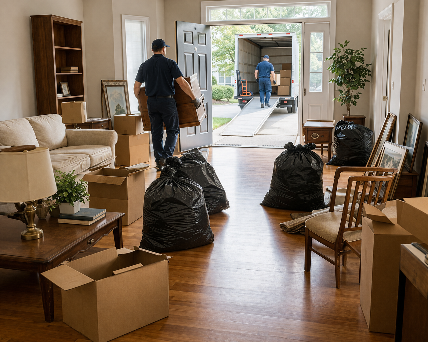 Two people in blue uniforms move furniture and boxes into a moving truck from an open doorway in a house.