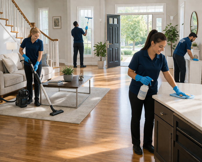 A team of professional cleaners wearing blue uniforms cleans a modern home, vacuuming, wiping counters, and washing windows.