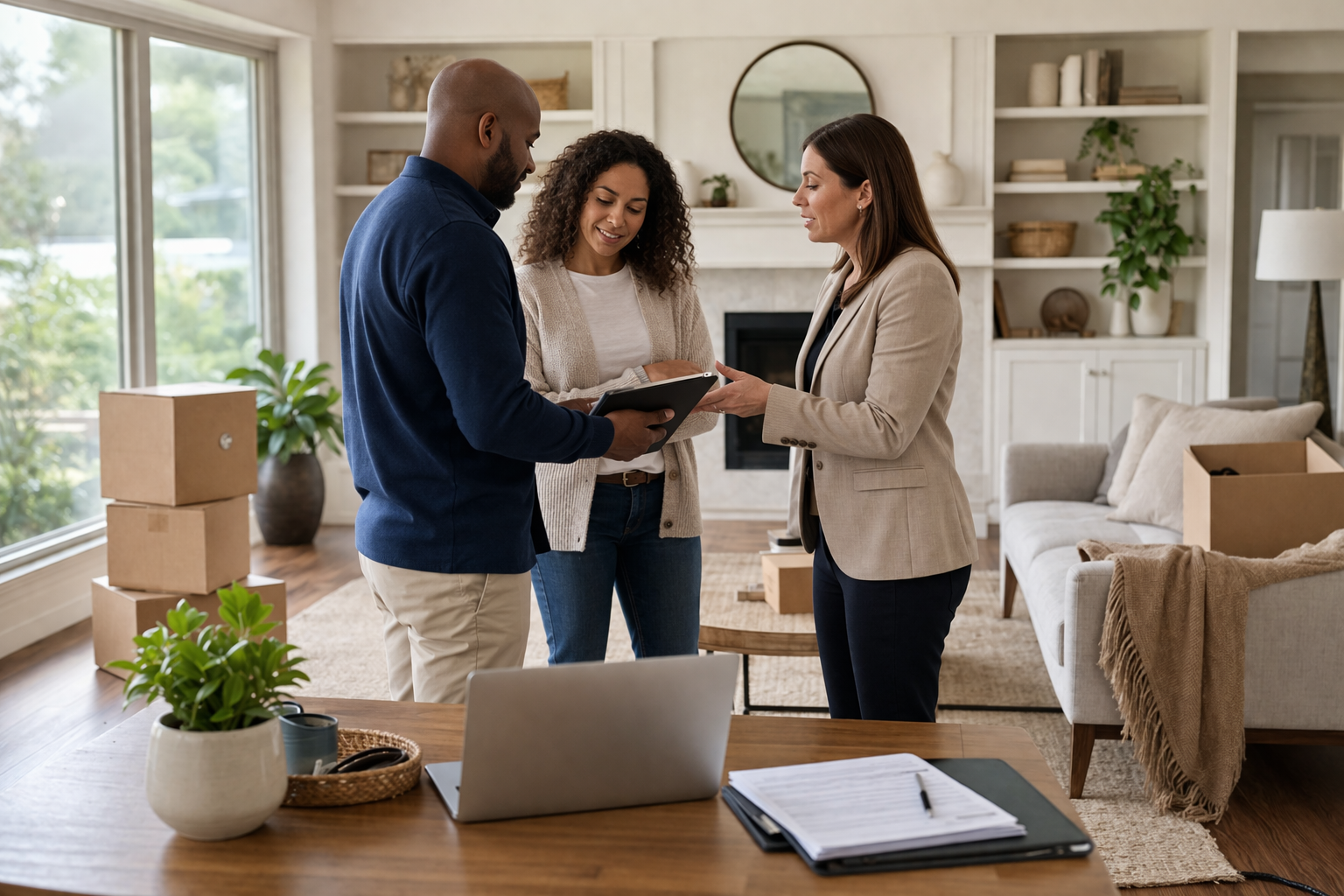 Three people stand in a living room filled with moving boxes, reviewing documents together during a home meeting.