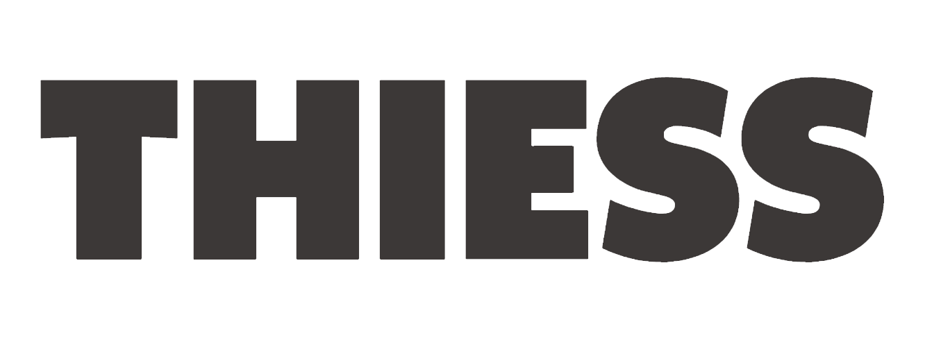 A black and white logo for thiess on a white background.