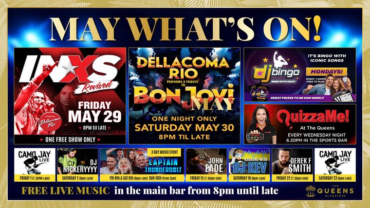 “May What’s On!” concert flyer with multiple bands, bold colorful blocks, and dates May 29–31 on a blue background