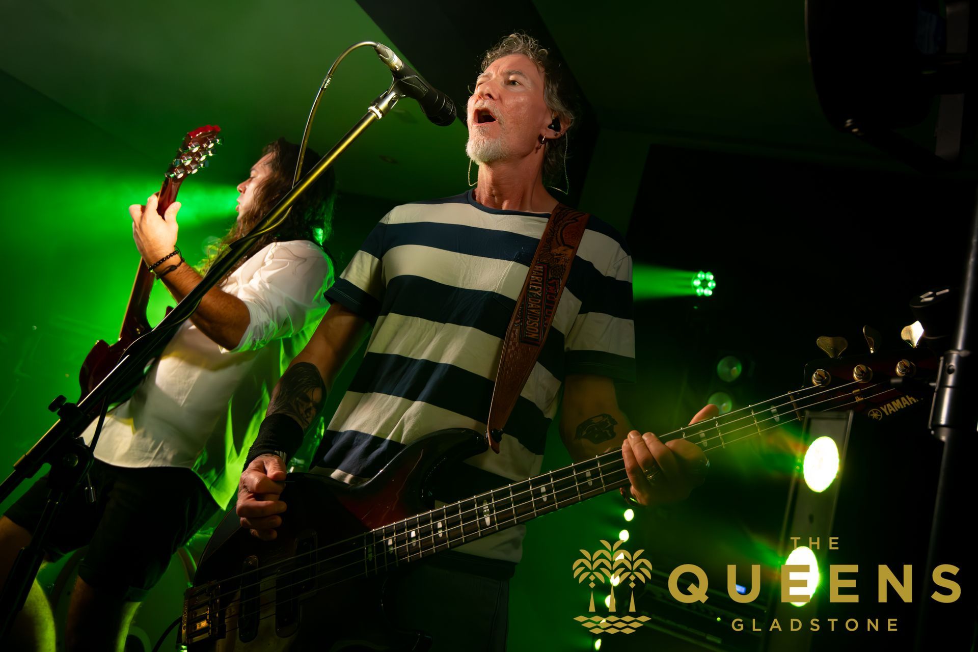 Two musicians performing onstage under green lighting, one singing into a microphone with a bass guitar.