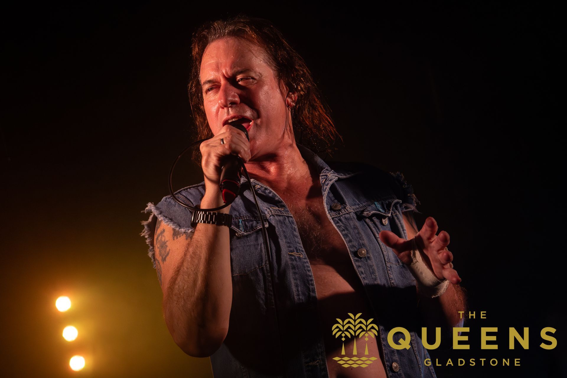 Singer performing on stage with a microphone, lit by warm spotlights; “The Queens Gladstone” logo visible.