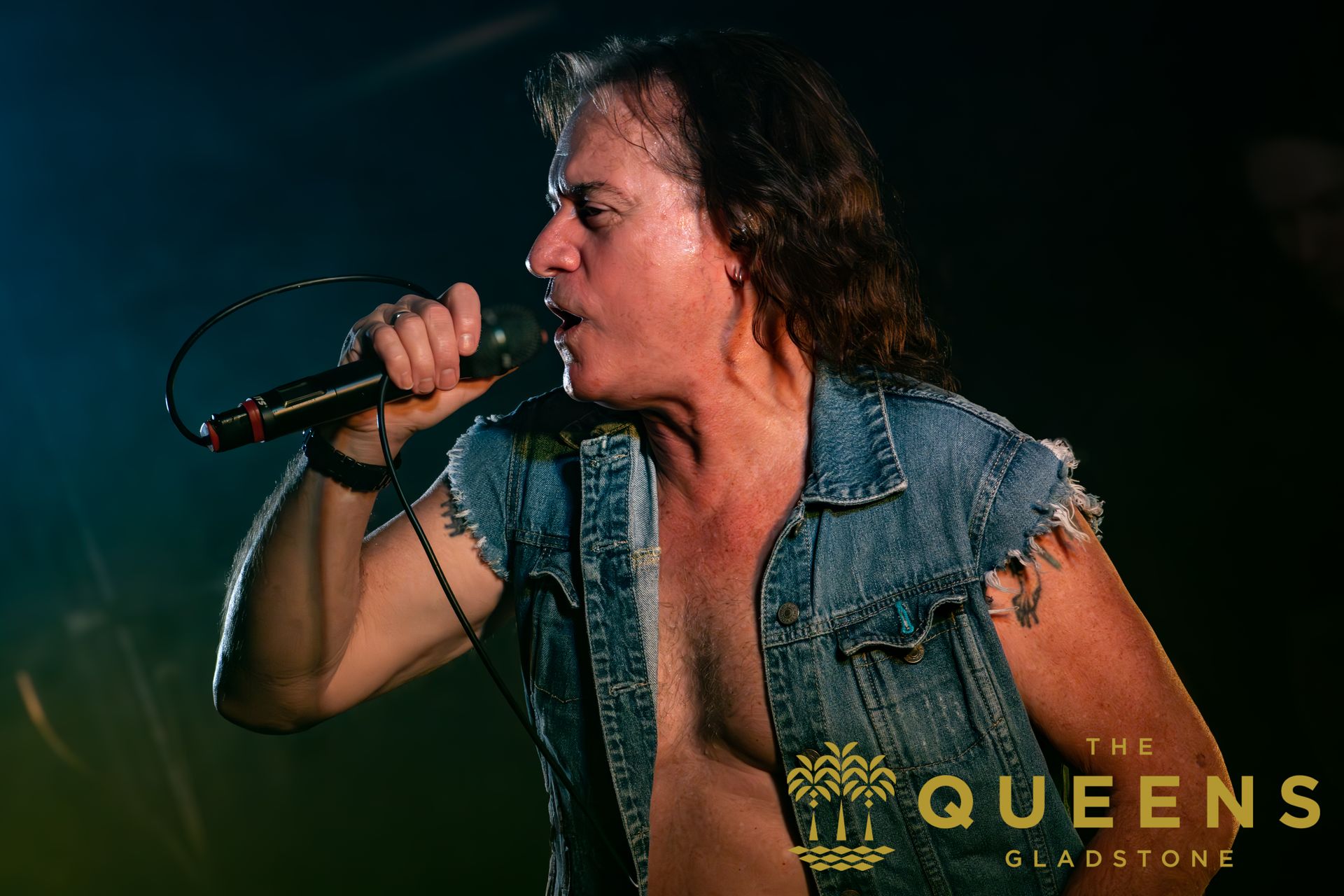 Singer performing with a microphone on a dark stage, wearing a sleeveless denim vest, with
