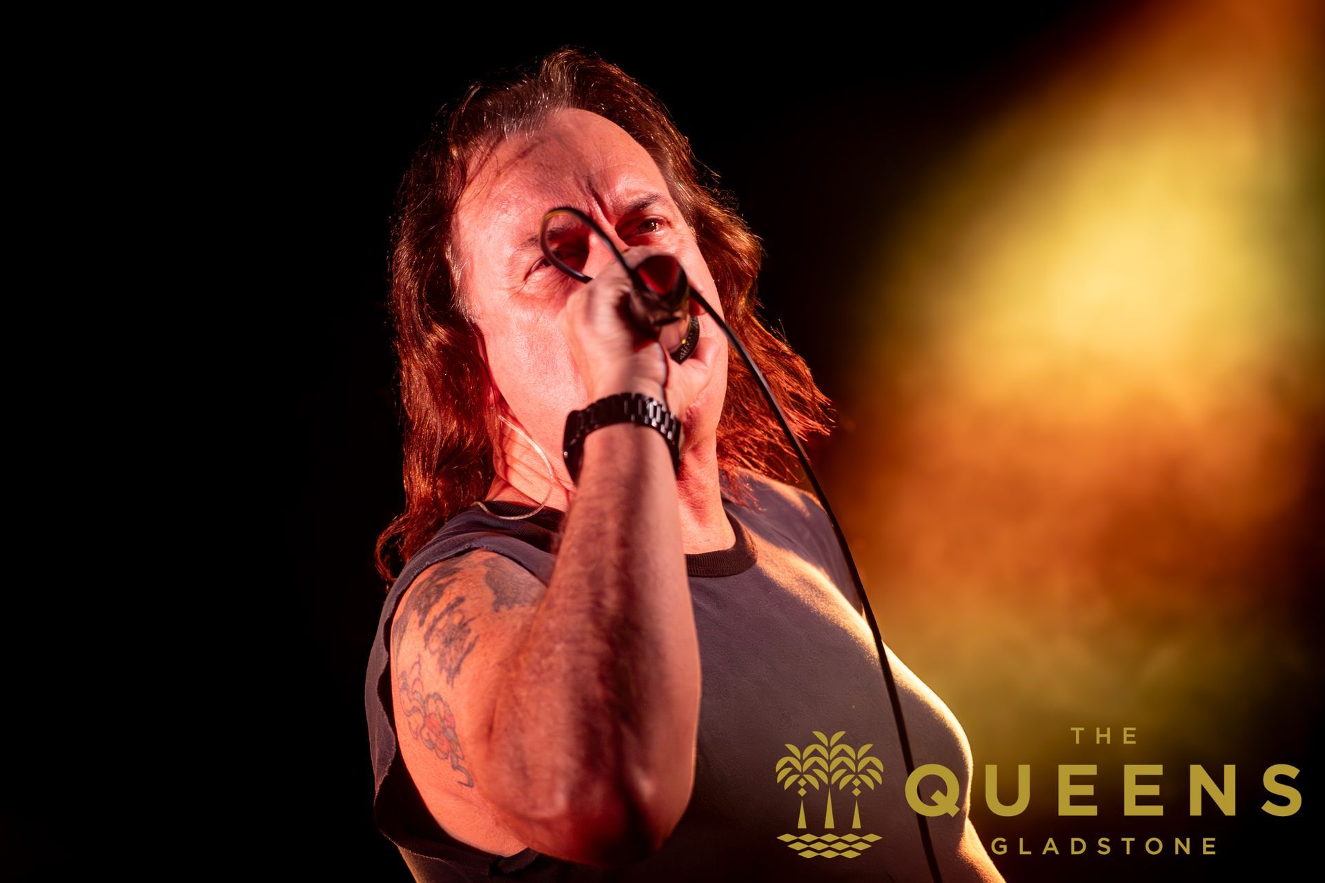 Singer performing onstage with a microphone, lit by warm orange stage lights, The Queens logo visible.