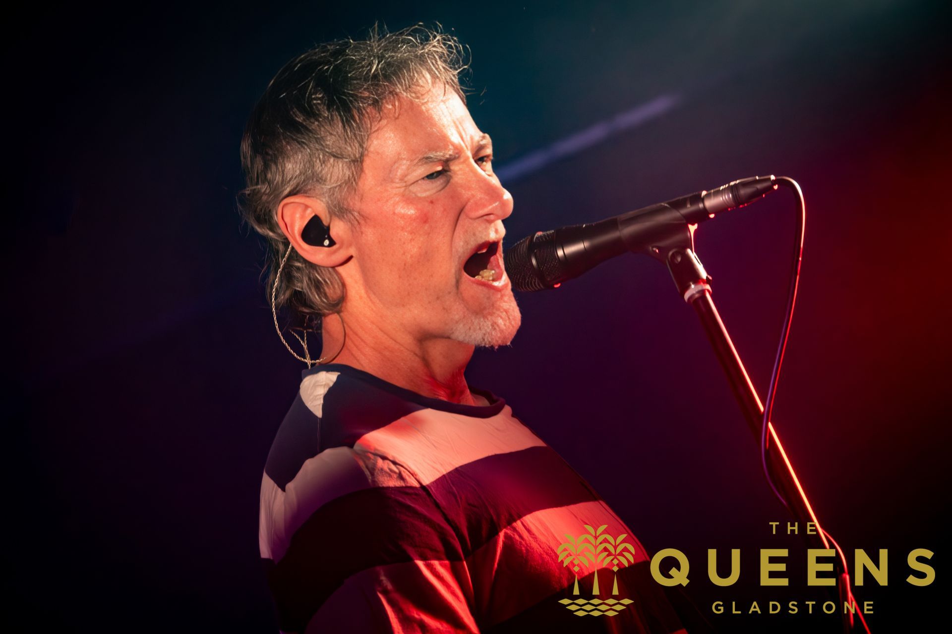 Singer performing into a microphone under colorful stage lights, with