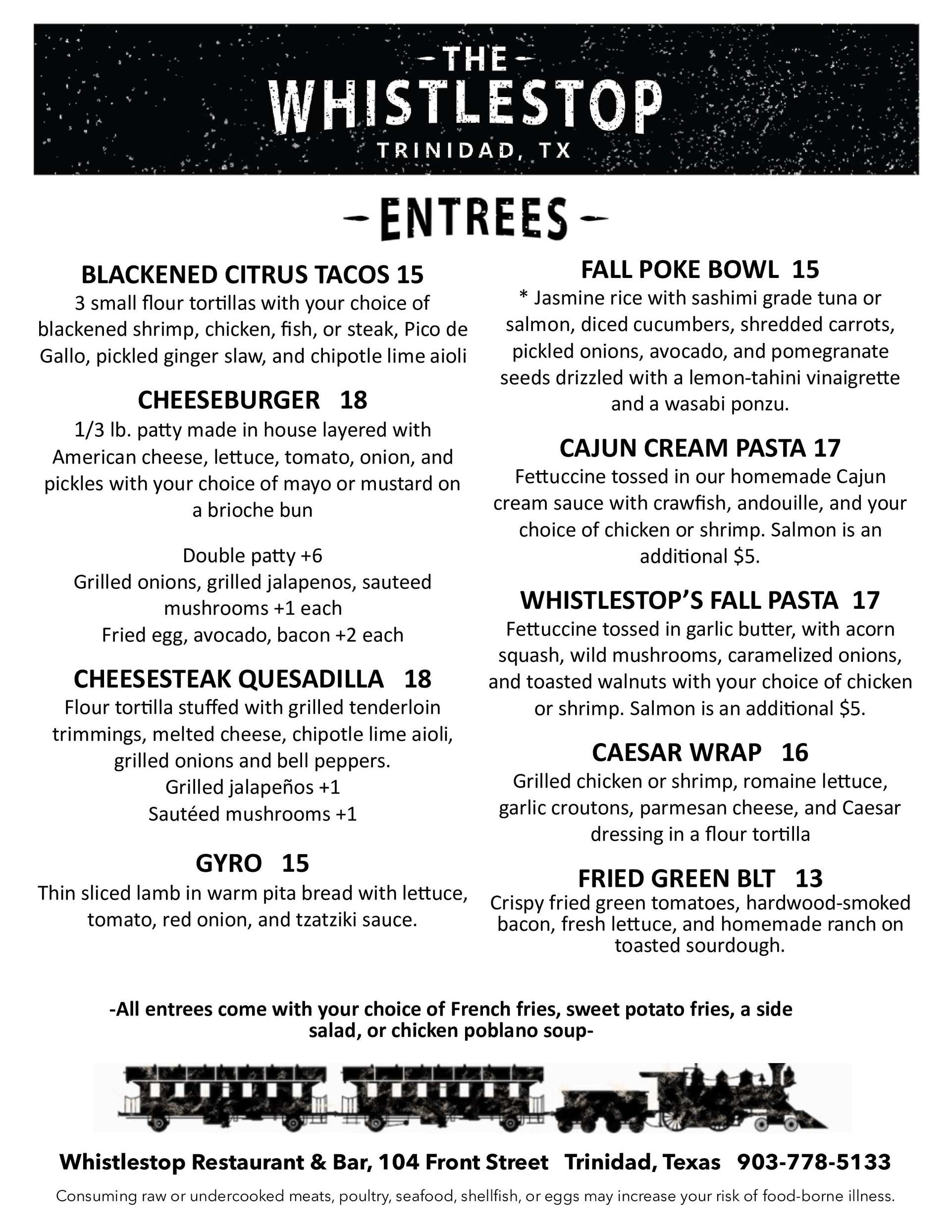 A menu for the whistlestop restaurant in trinidad , tx.