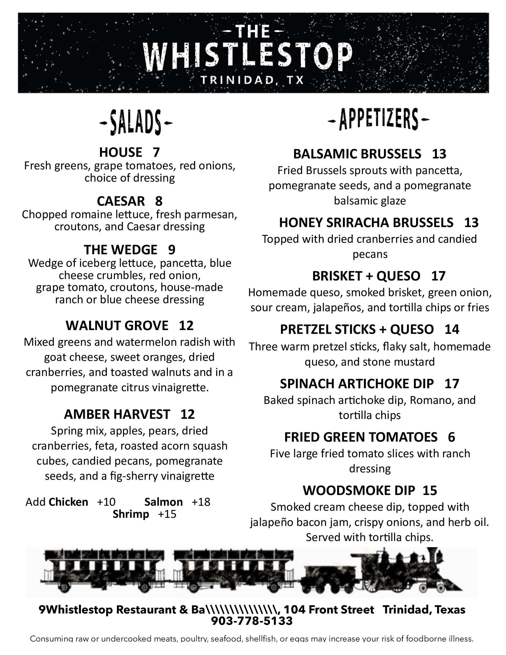 A menu for the whistlestop restaurant in trinidad , tx.