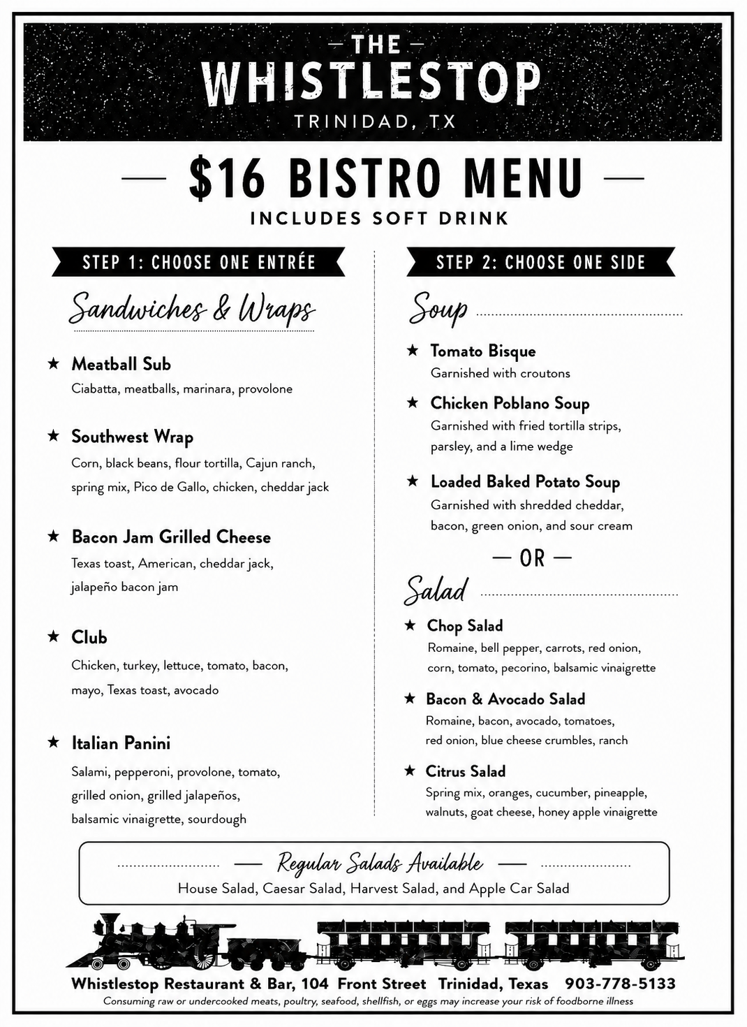 Lunch Menu for The Whistlestop Restaurant in Trinidad, TX