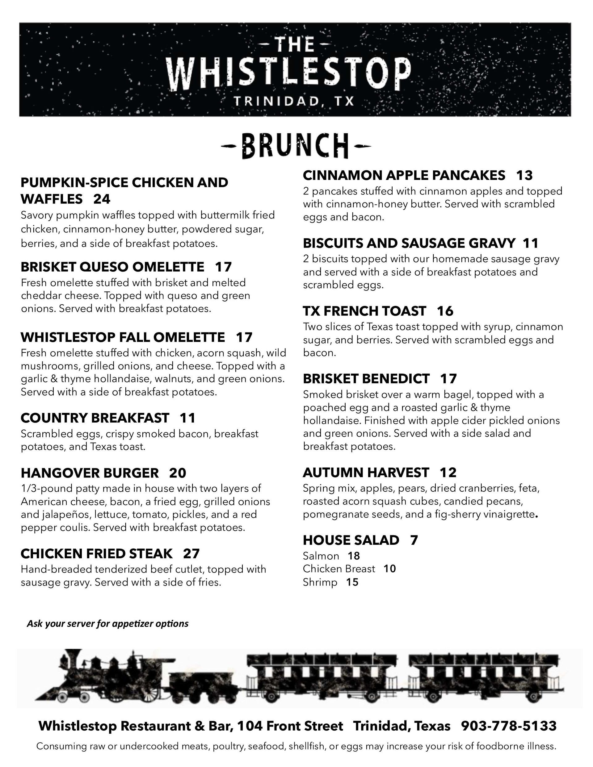 A menu for the whistlestop restaurant in trinidad , texas.