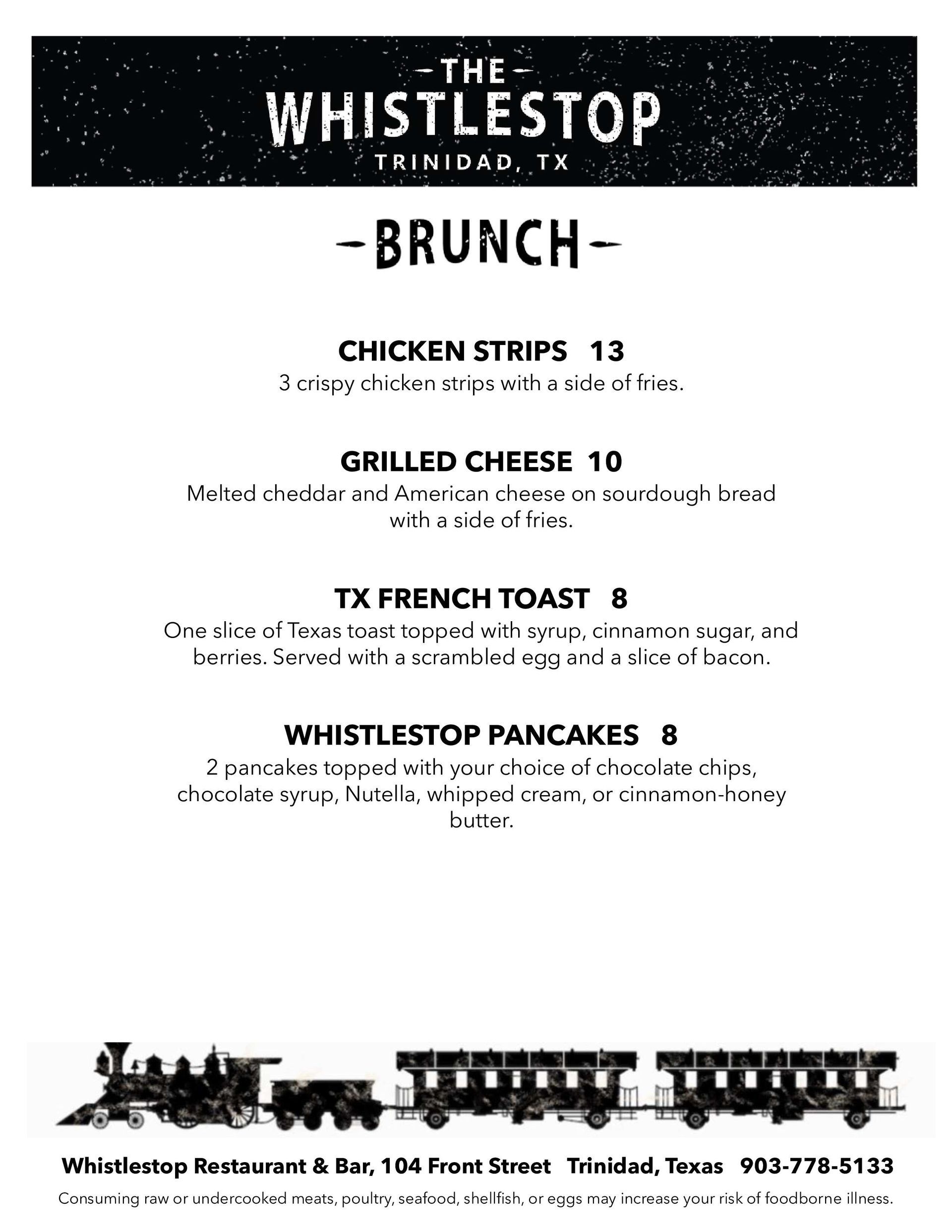 A menu for the whistlestop restaurant in trinidad , texas.