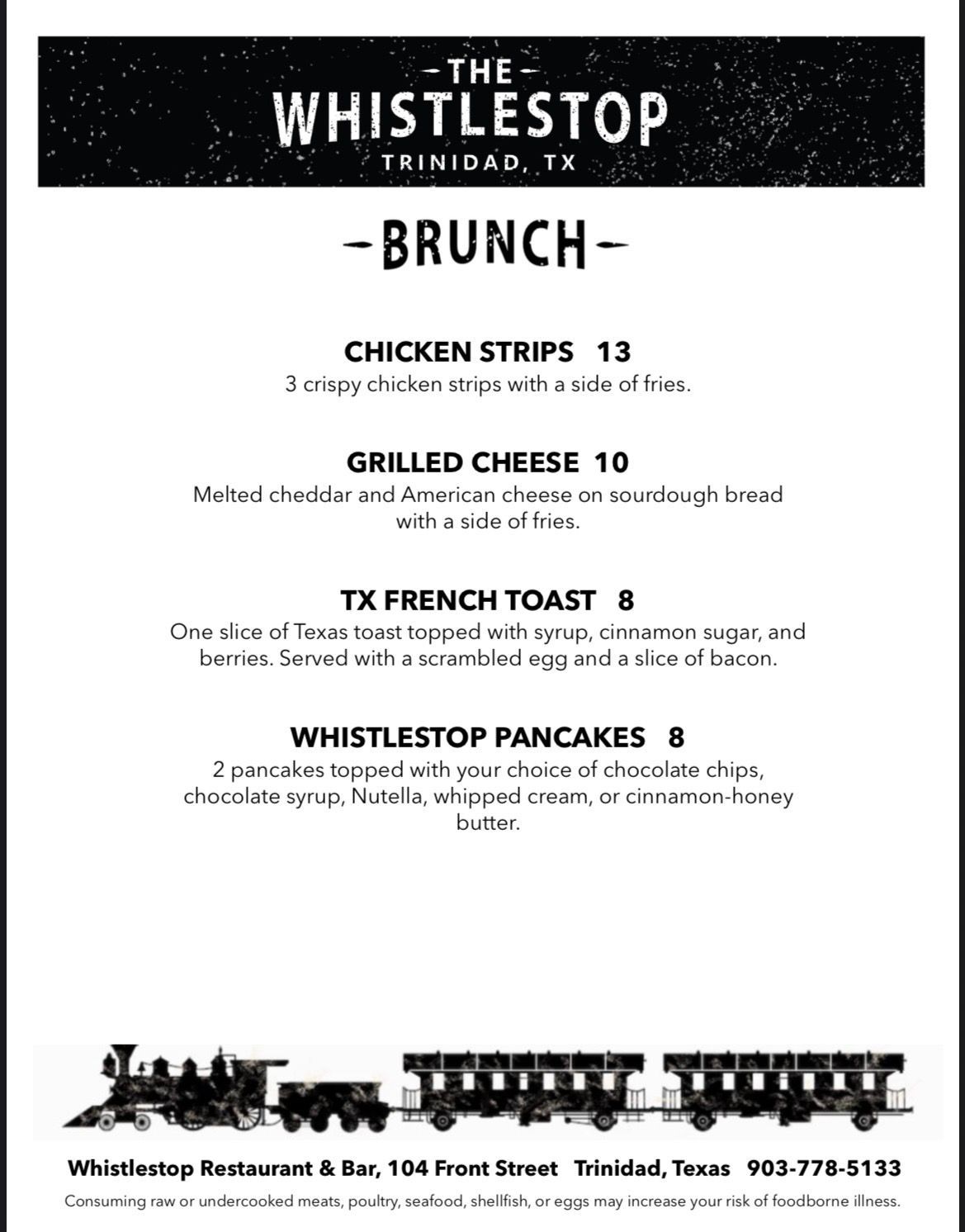 Brunch Menu for The Whistlestop Restaurant in Trinidad, TX