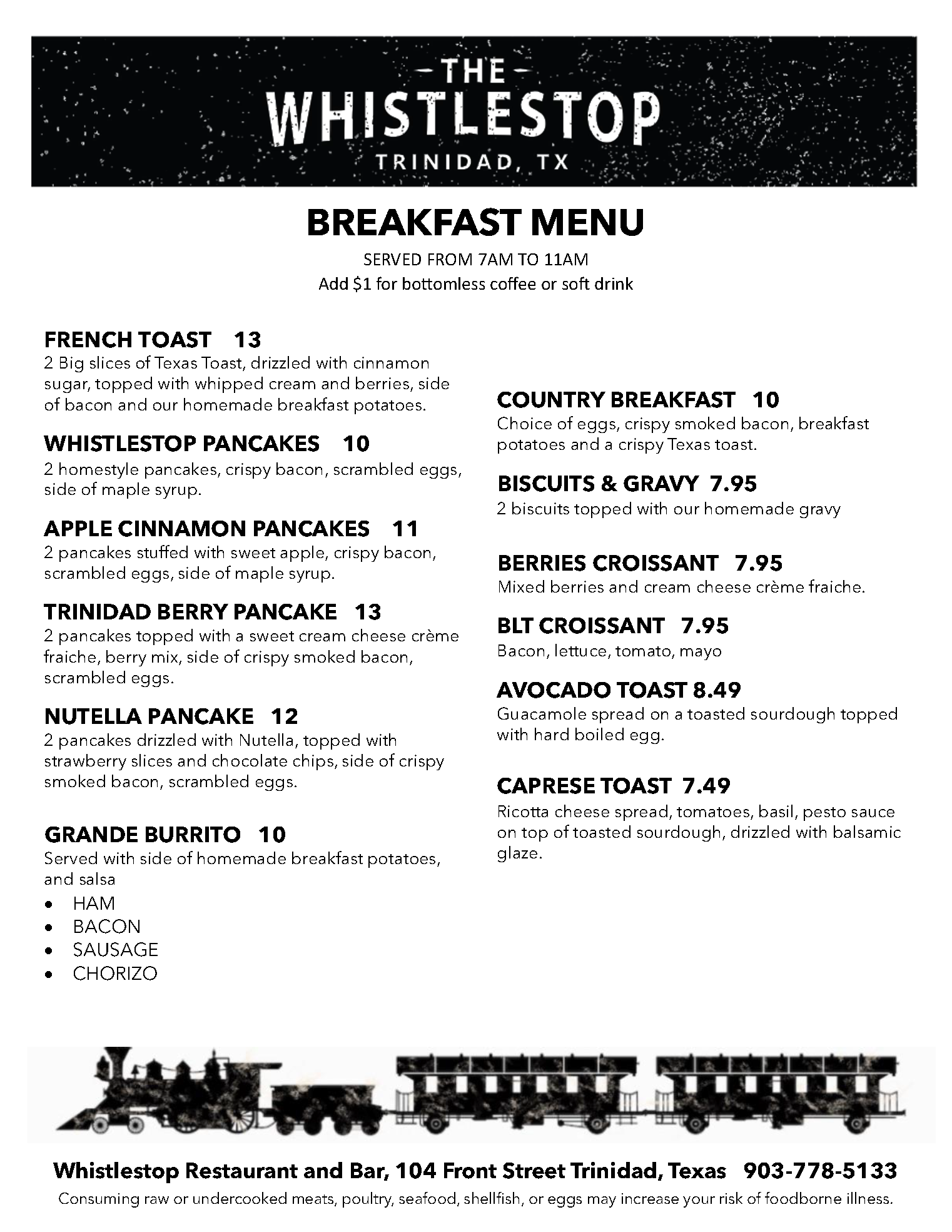 A menu for the whistlestop restaurant in trinidad , texas.