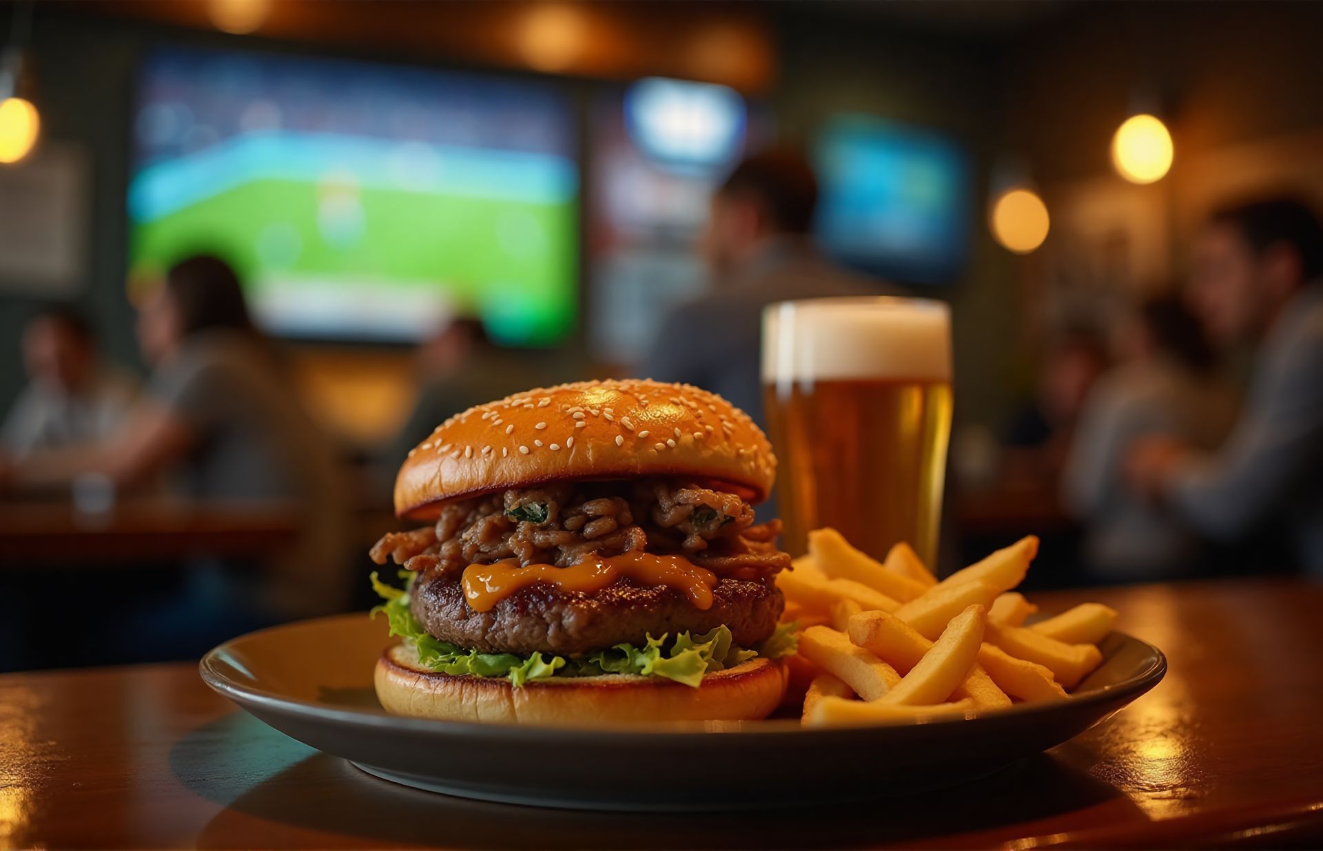 A hamburger and french fries on a plate with a glass of beer.