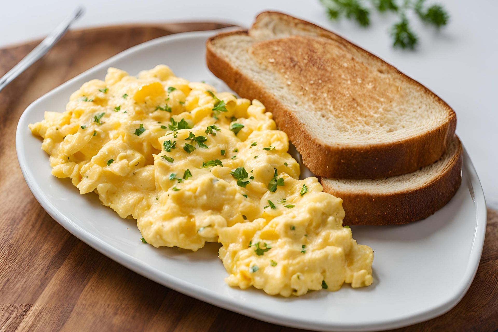 A plate of scrambled eggs and toast on a wooden table.