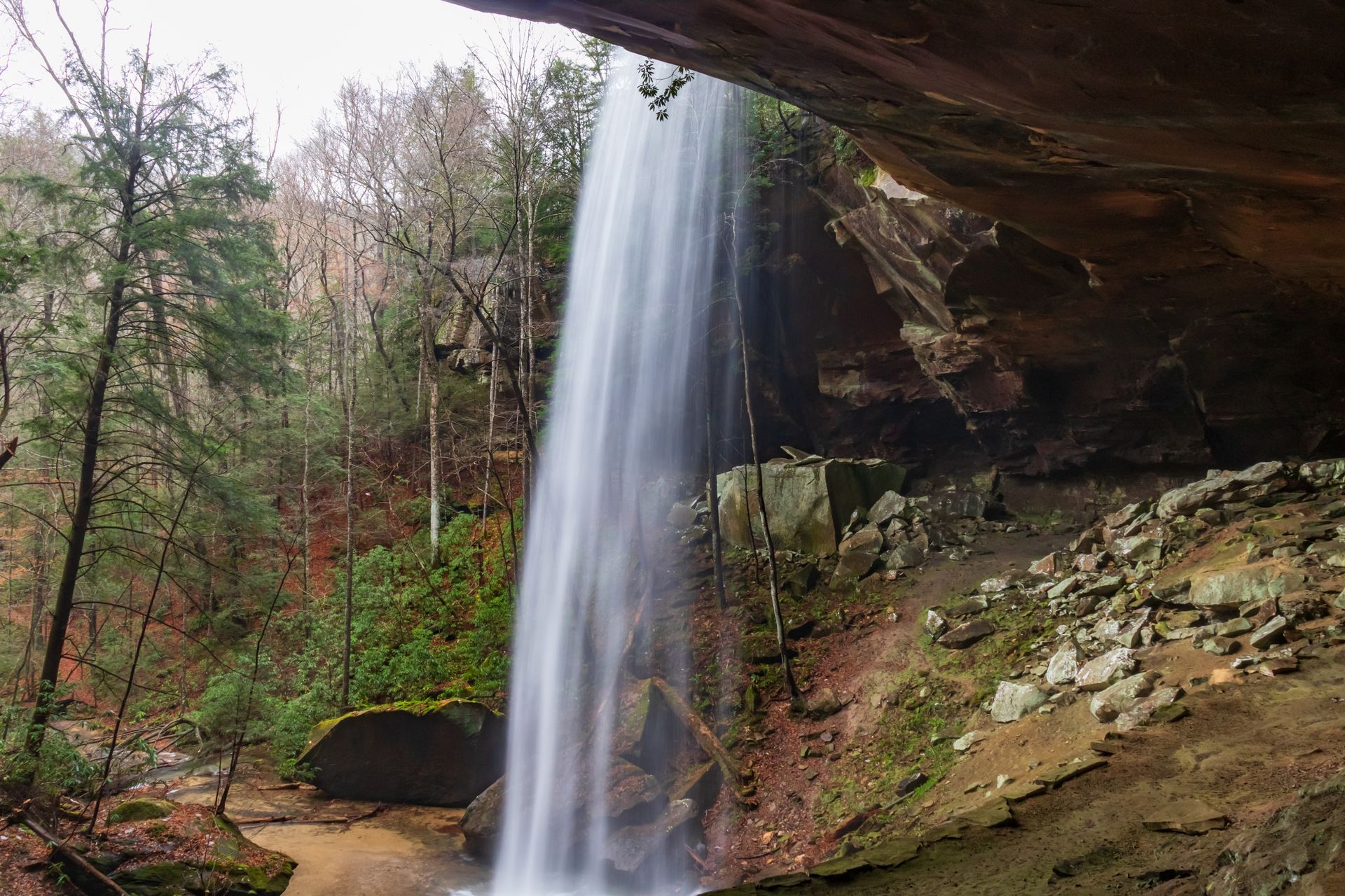 A waterfall is surrounded by trees and rocks in the middle of a river.