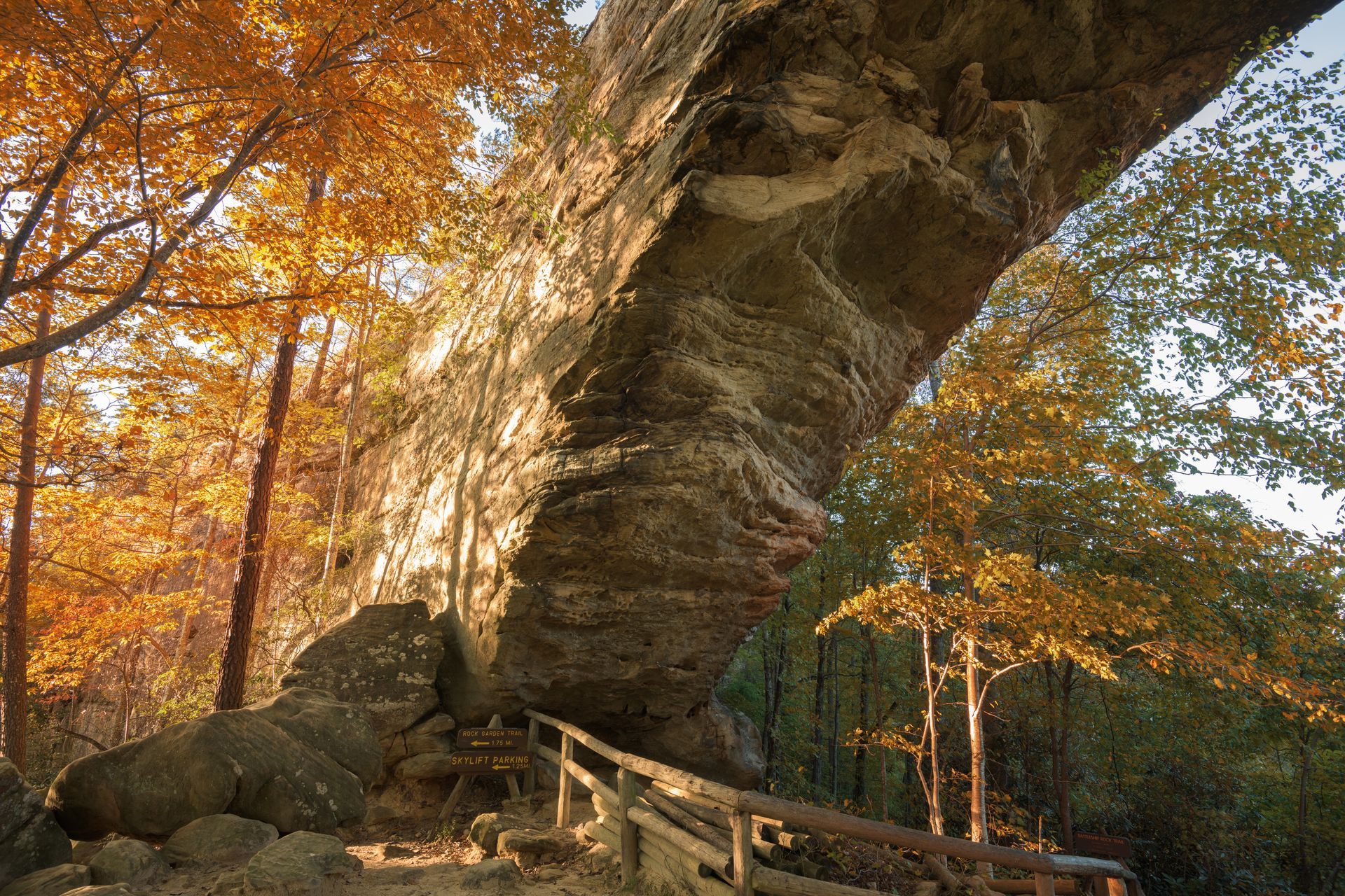 A wooden bridge leading to a cave in the woods.