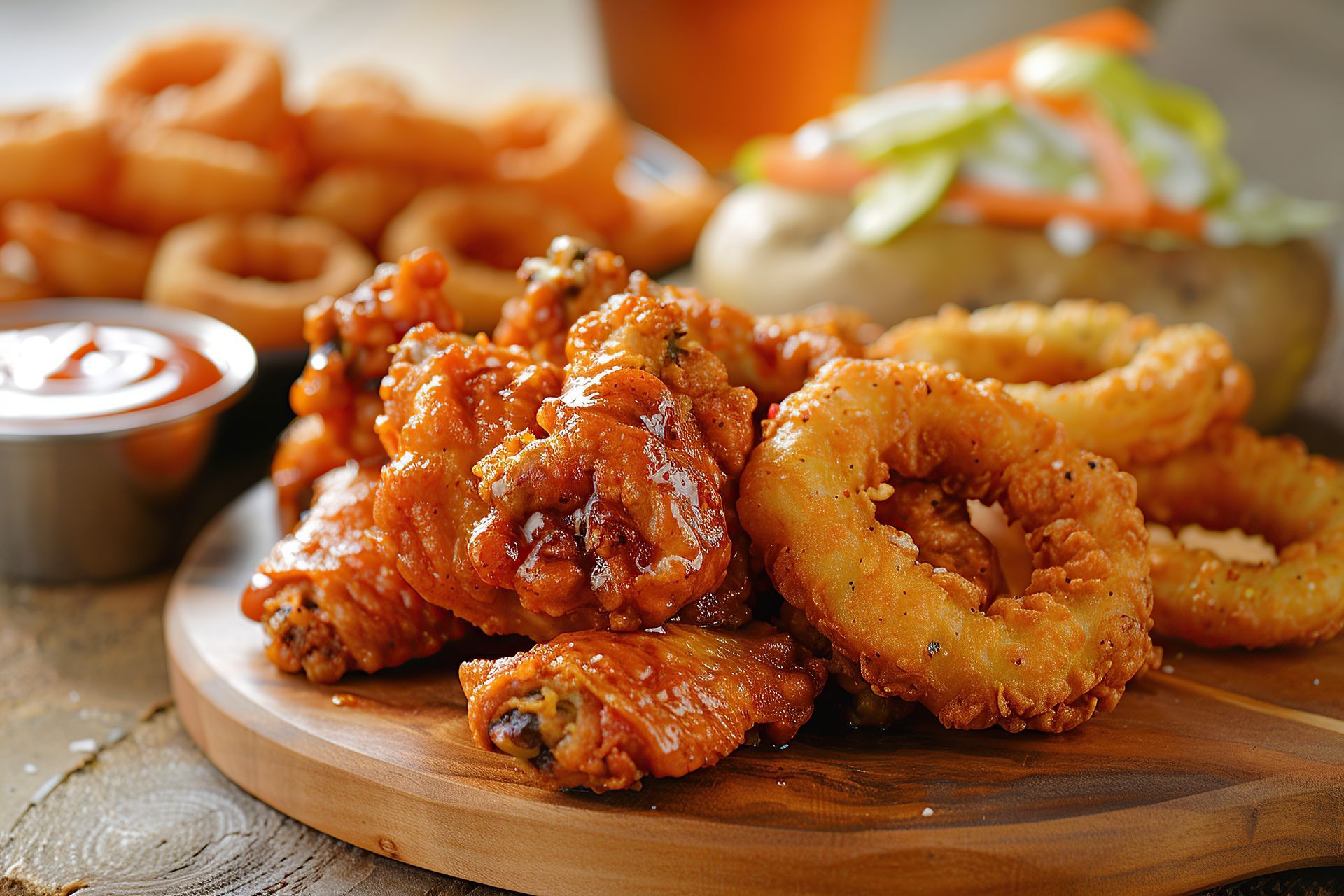 A wooden cutting board topped with chicken wings and onion rings