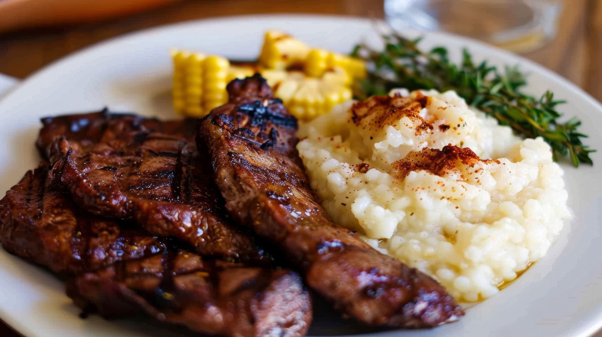 A white plate topped with steak , mashed potatoes and corn on the cob.