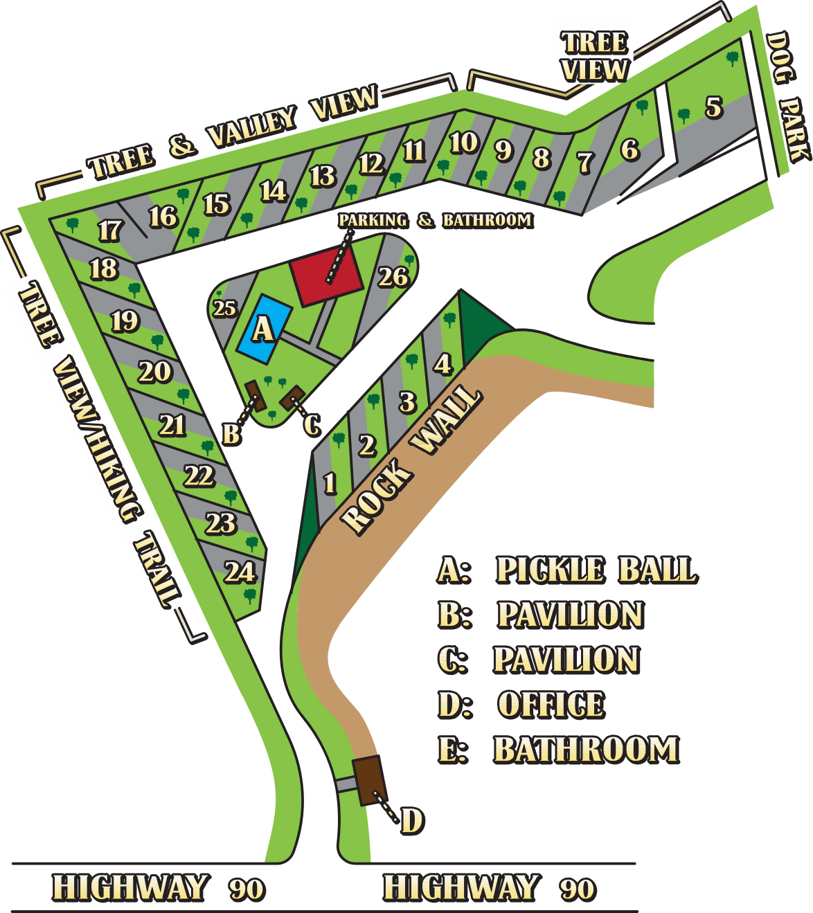 A map of a campground with a pool and a pavilion