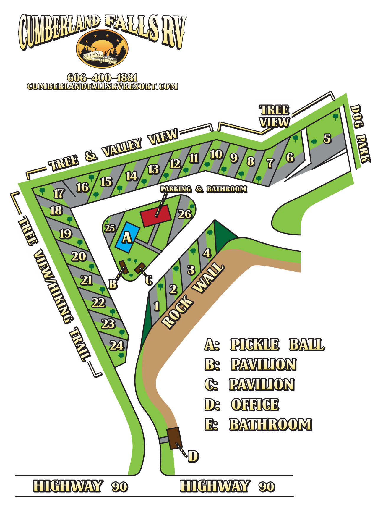 A map of a campground with a pool and a pavilion
