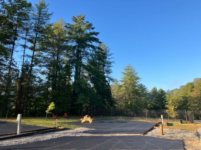 Empty asphalt area in a park, bordered by trees under a clear, blue sky.