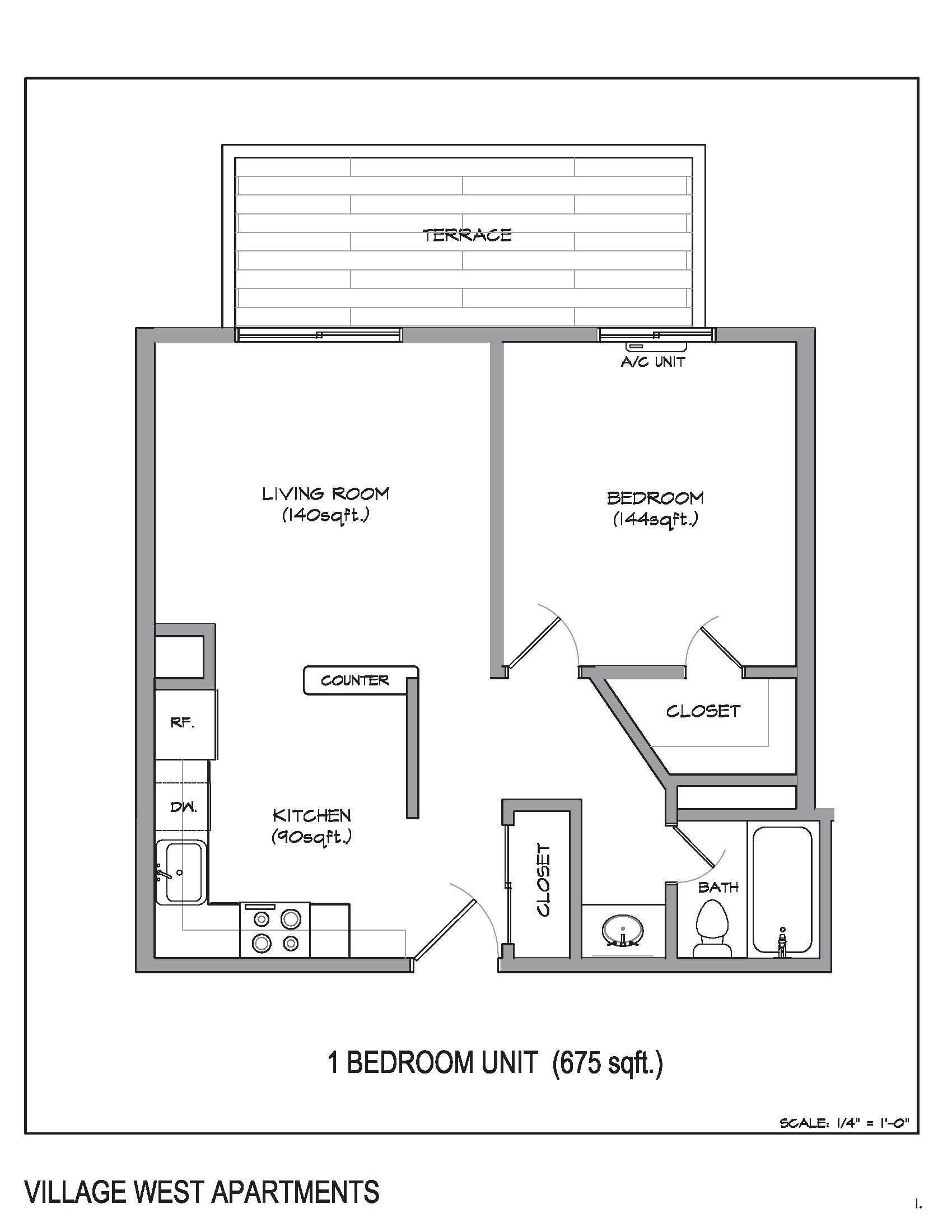 1 Bedroom, 1 Bathroom Floor Plan
