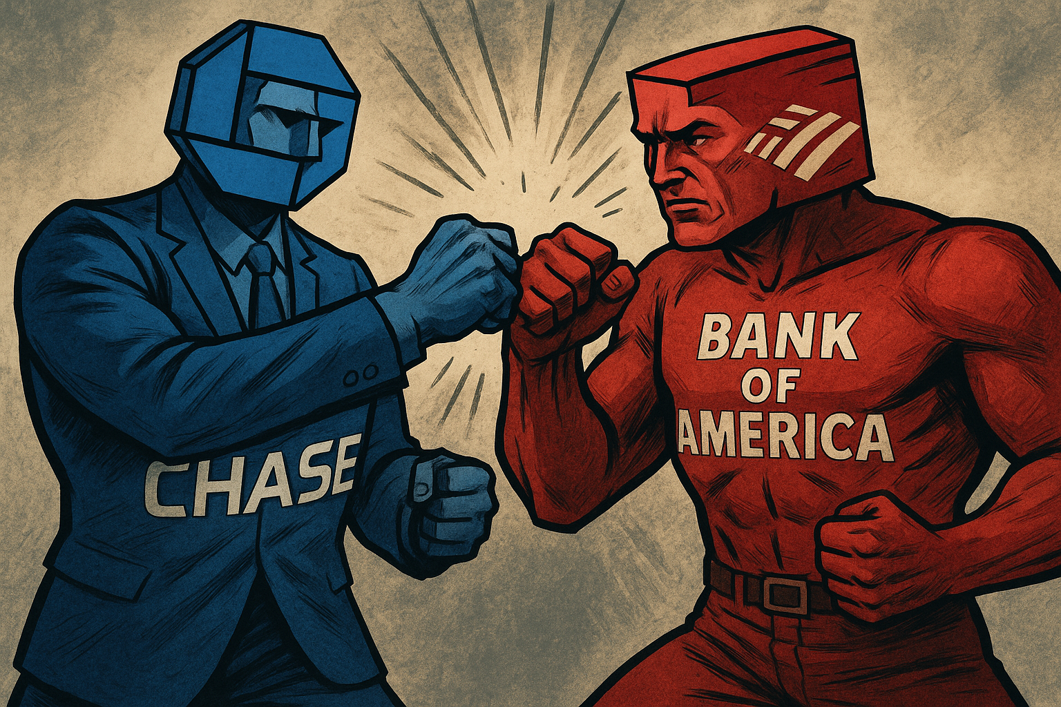 Illustration of Chase and Bank of America as muscular fighters squaring off, symbolizing the battle 