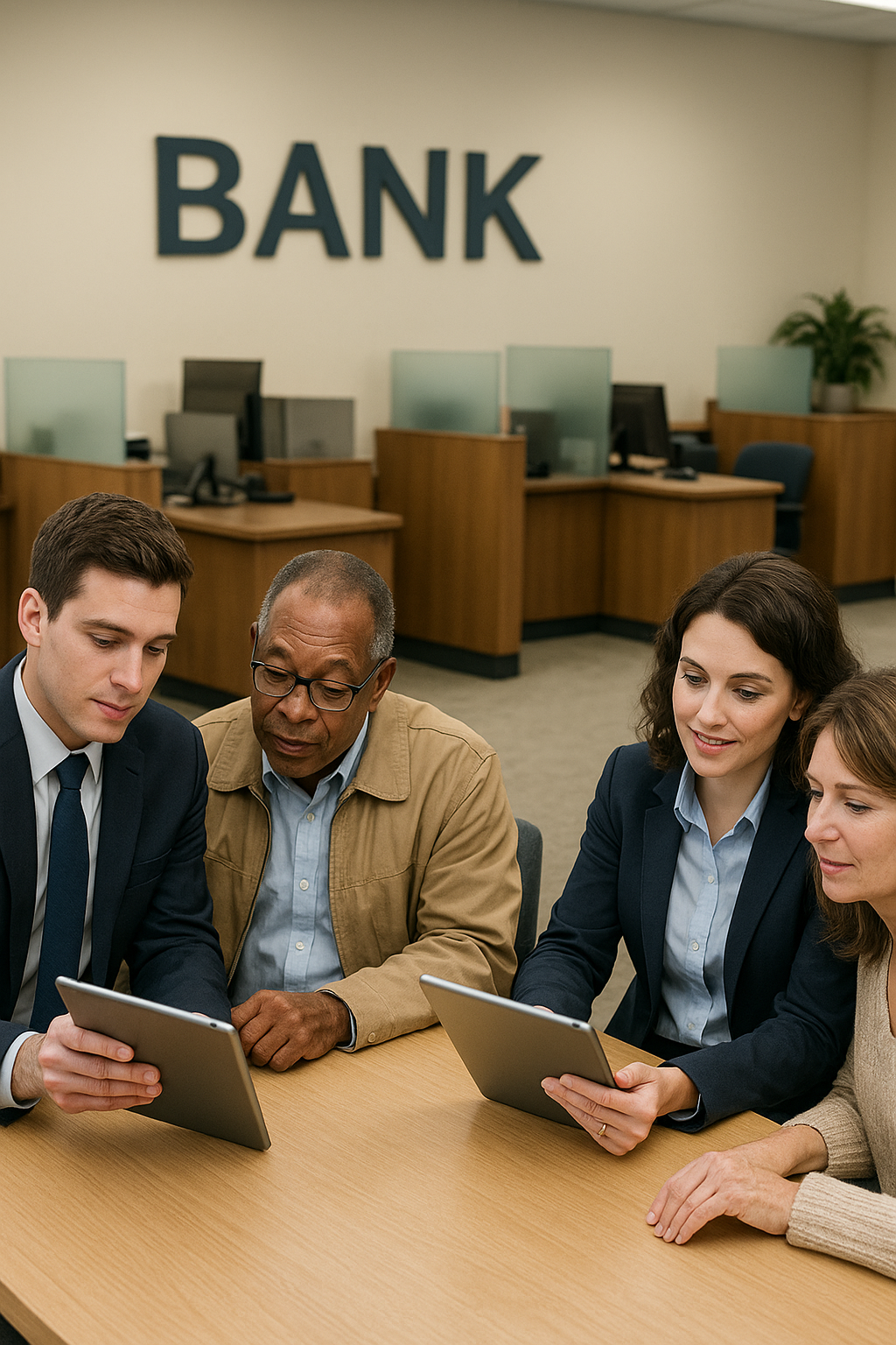 Two bankers helping customers update their accounts