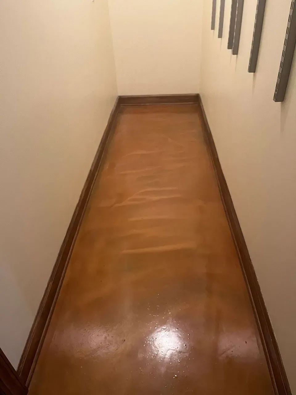Long hallway with glossy, brown floor, framed by wood trim. White walls and artwork on the right.