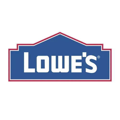 Lowe's logo: White text "LOWE'S" in a blue rectangle with a red border, house-shaped top.