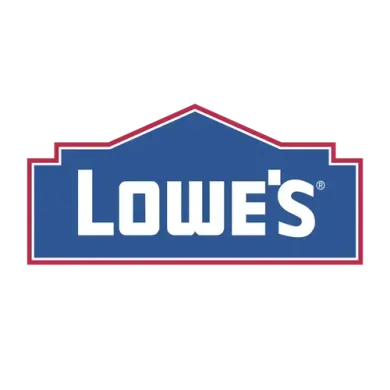 Lowe's logo: White text "LOWE'S" in a blue rectangle with a red border, house-shaped top.