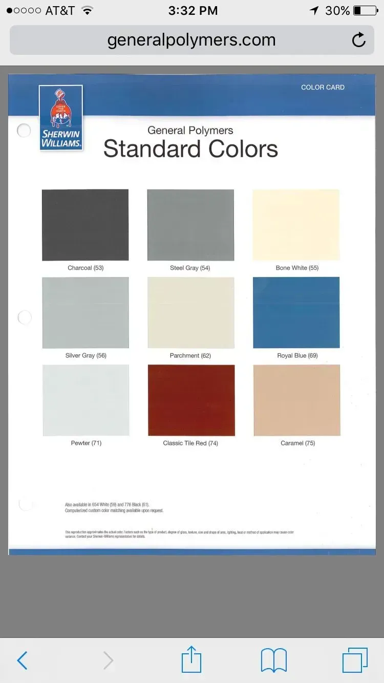 Color palette with nine standard colors from General Polymers.