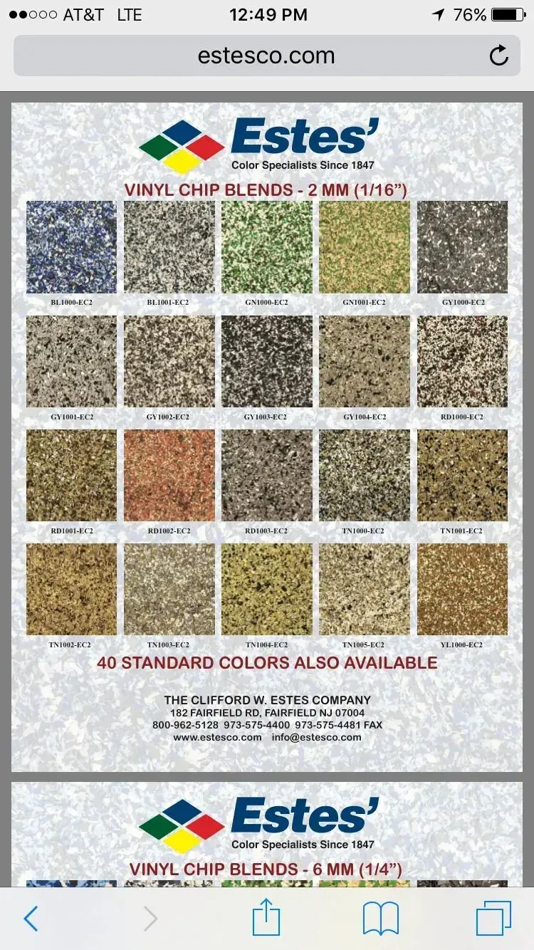 Color swatches of vinyl chip blends from Estes, for floor coatings.