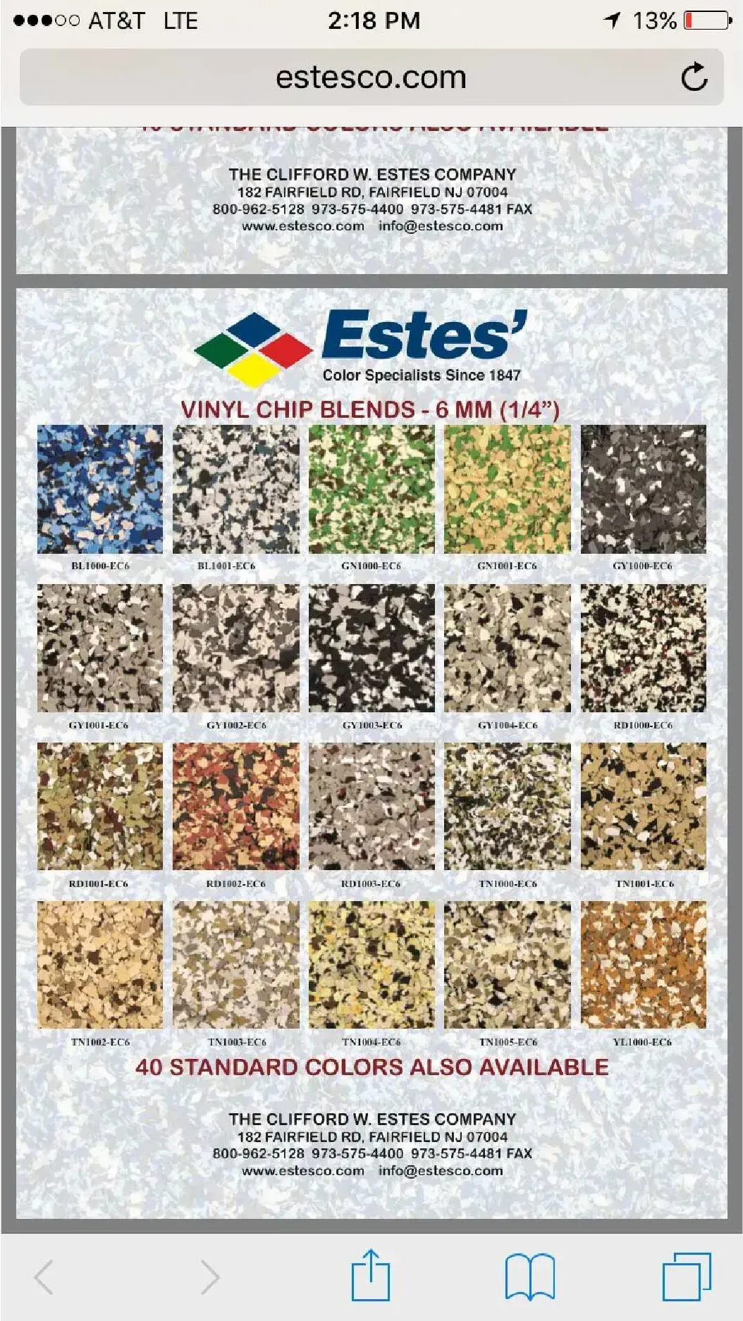 Color chart of Estes' vinyl chip blends with various color patterns.