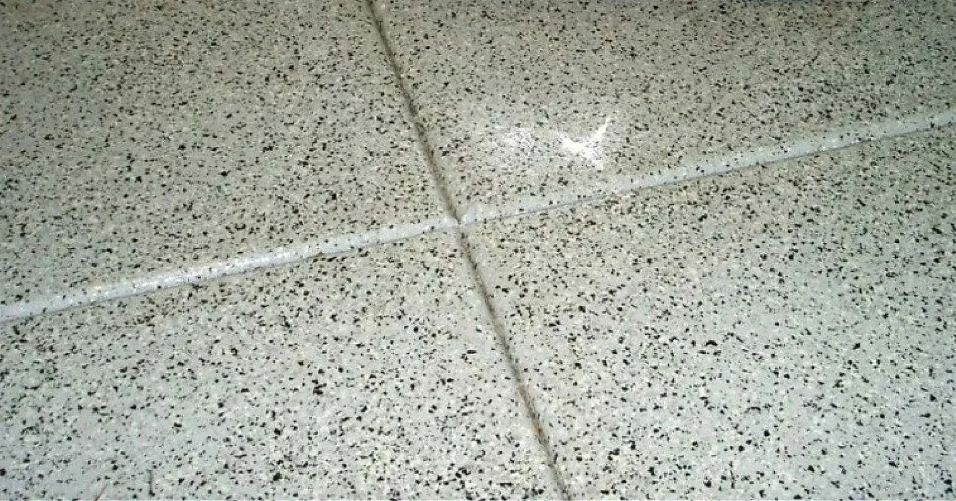 Gray speckled tile floor with white grout lines.