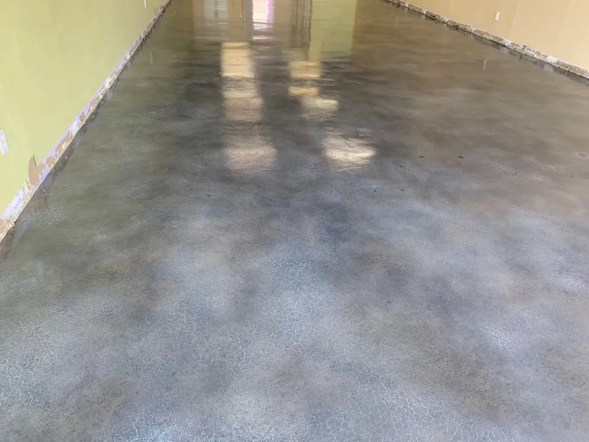 Polished concrete floor in a room, reflecting light from a window. Walls are yellow.