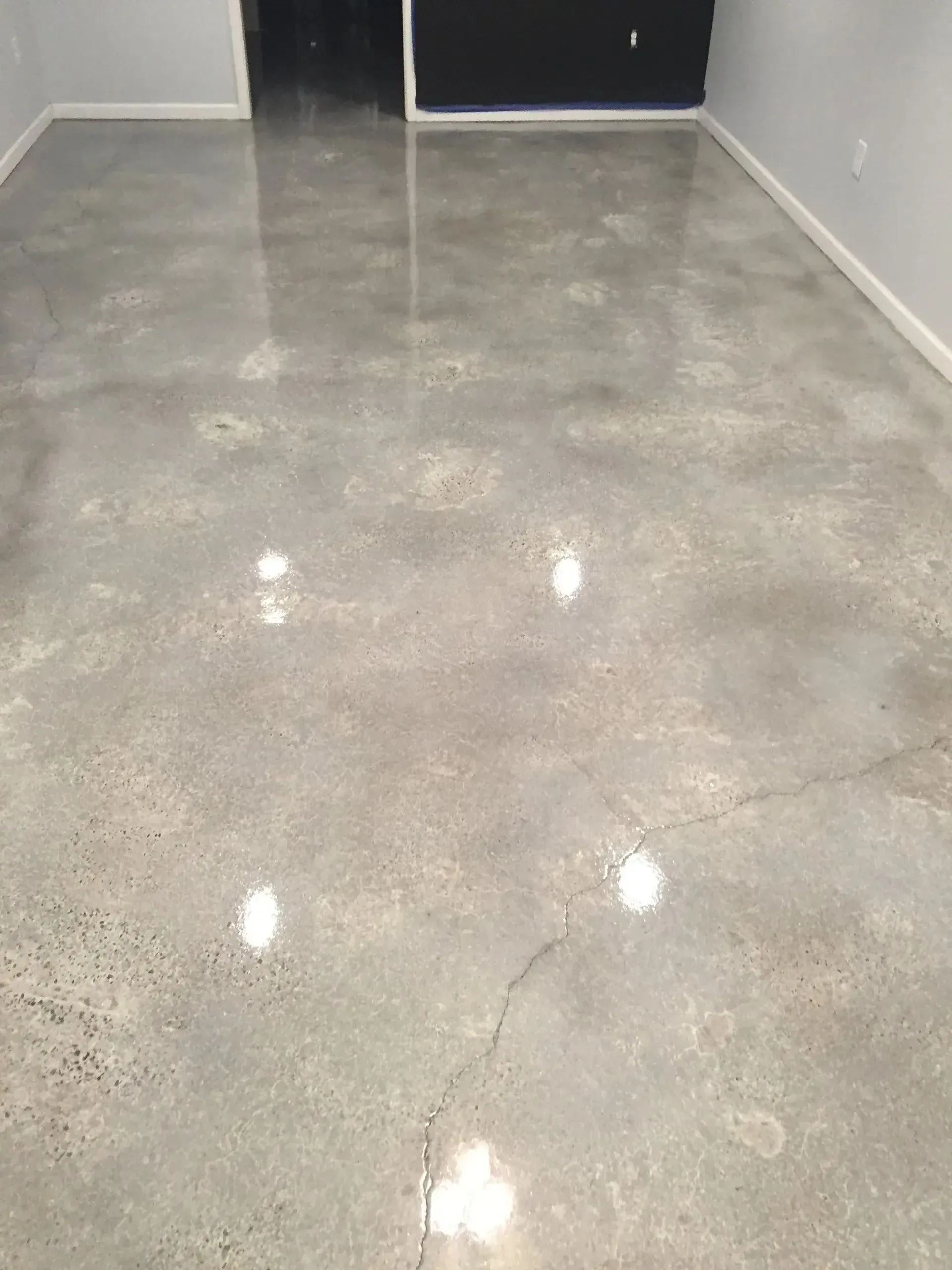 Polished concrete floor in a room, reflecting light. Gray color with minor cracks, white trim on walls.