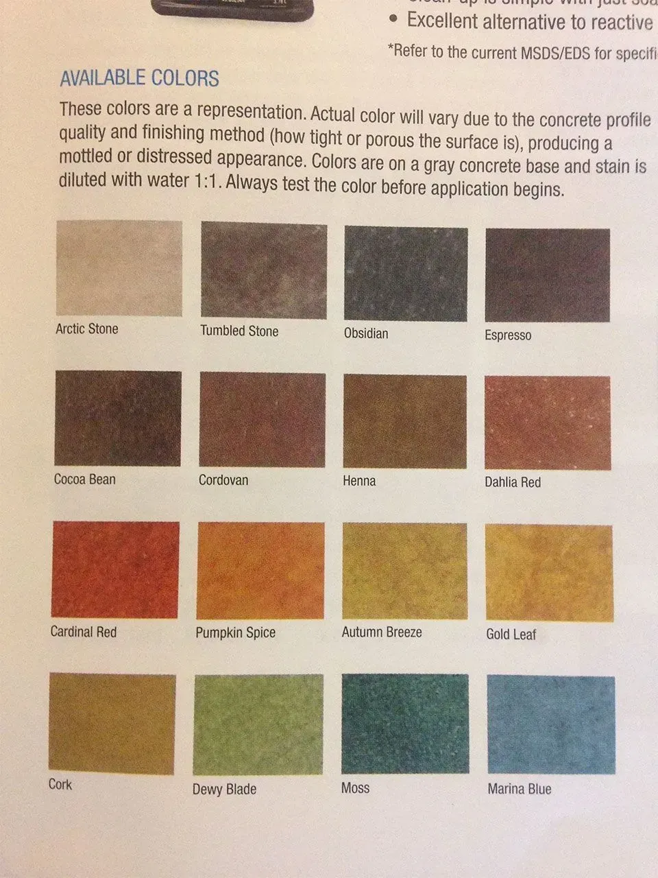Swatch of concrete stain colors, ranging from beige to blue-green.