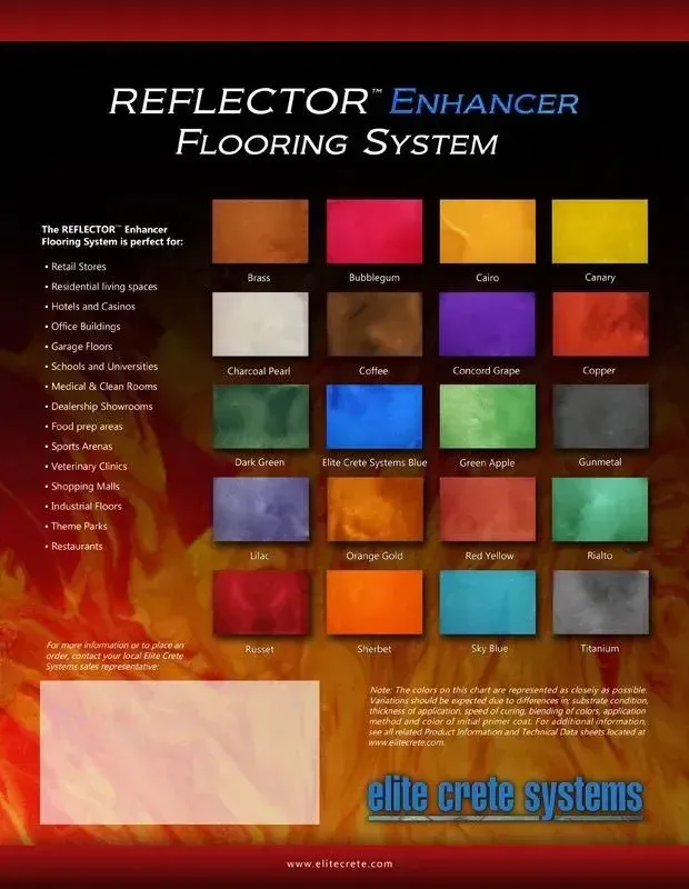 Color swatches for Reflector Enhancer Flooring System by Elite Crete Systems, with fiery background.