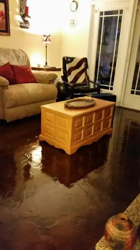 Living room with wet, reflective dark brown floor.
