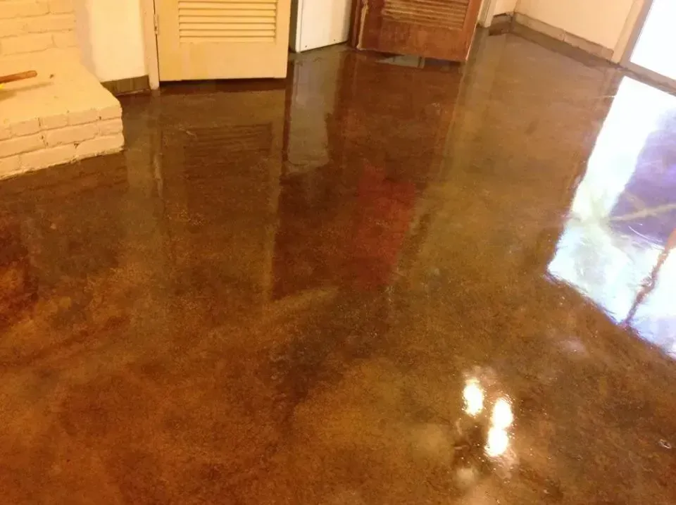 Brown stained concrete floor reflecting light. Doors, fireplace visible.
