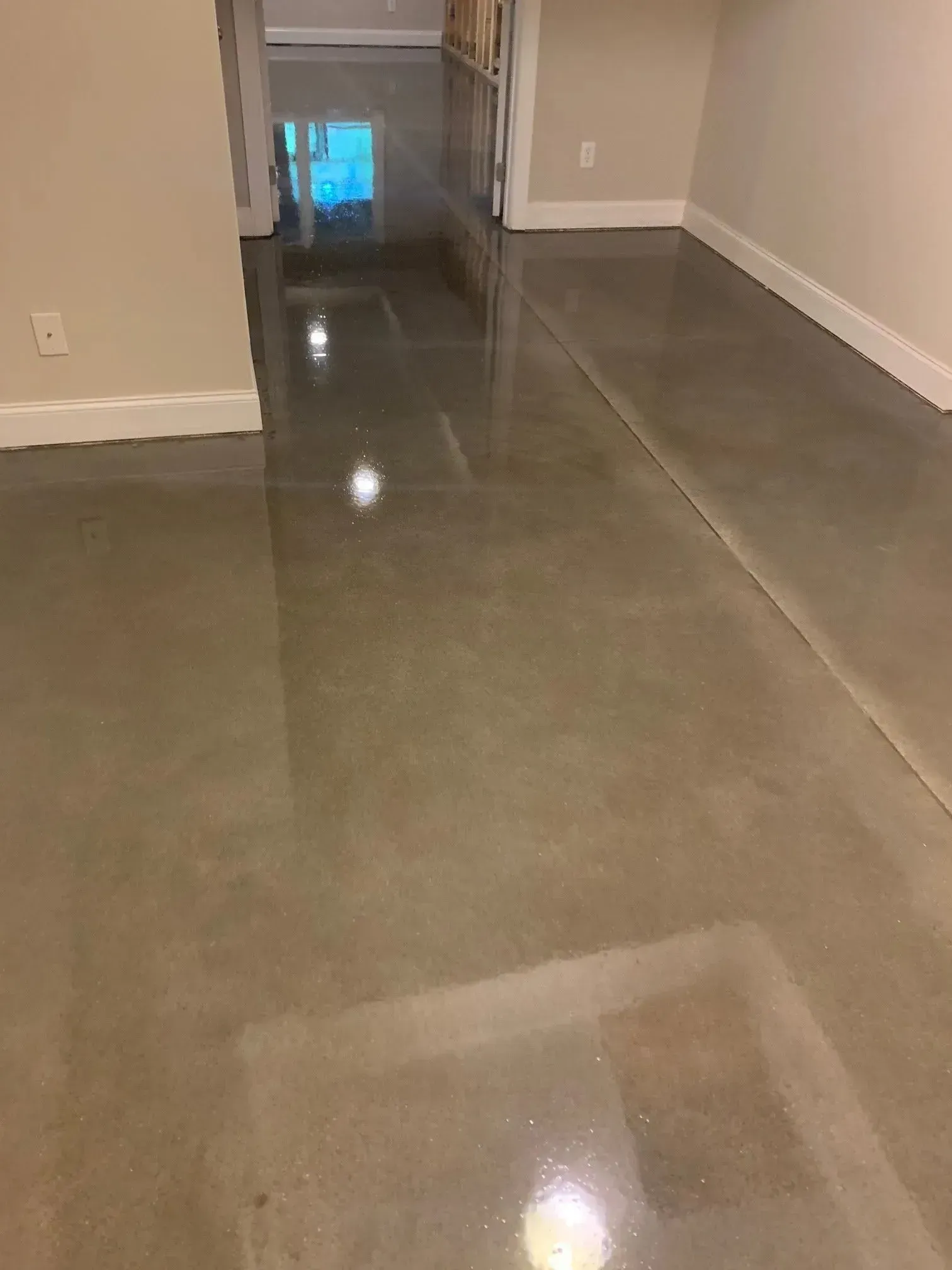 Polished concrete floor in a room, reflecting light. White trim and walls, doorway visible.