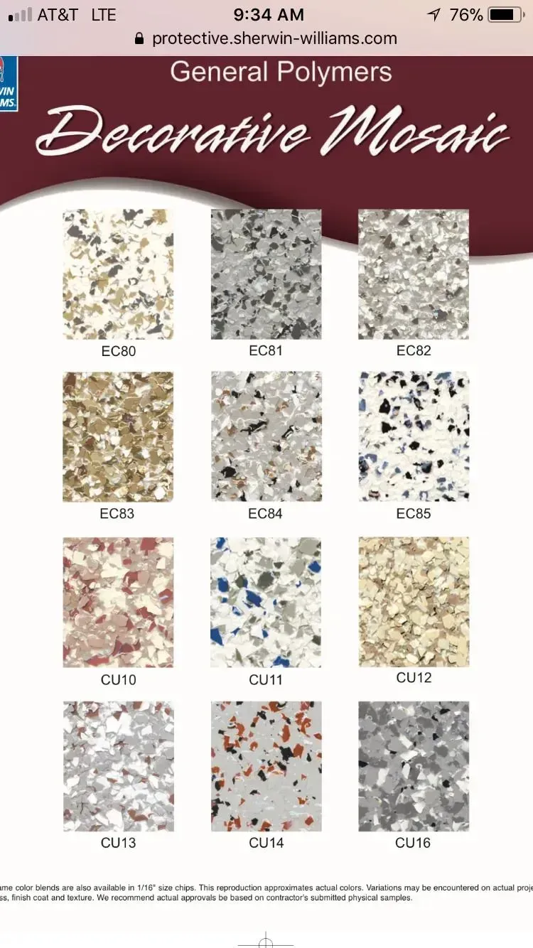 Decorative mosaic color samples from General Polymers, featuring speckled patterns in various colors.