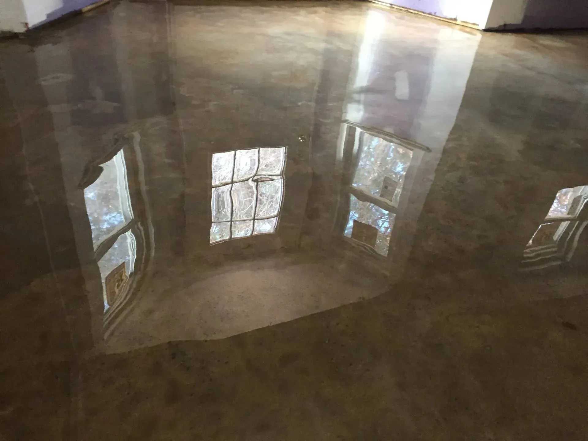 Polished concrete floor reflecting window light. Brown and tan tones, shiny surface.