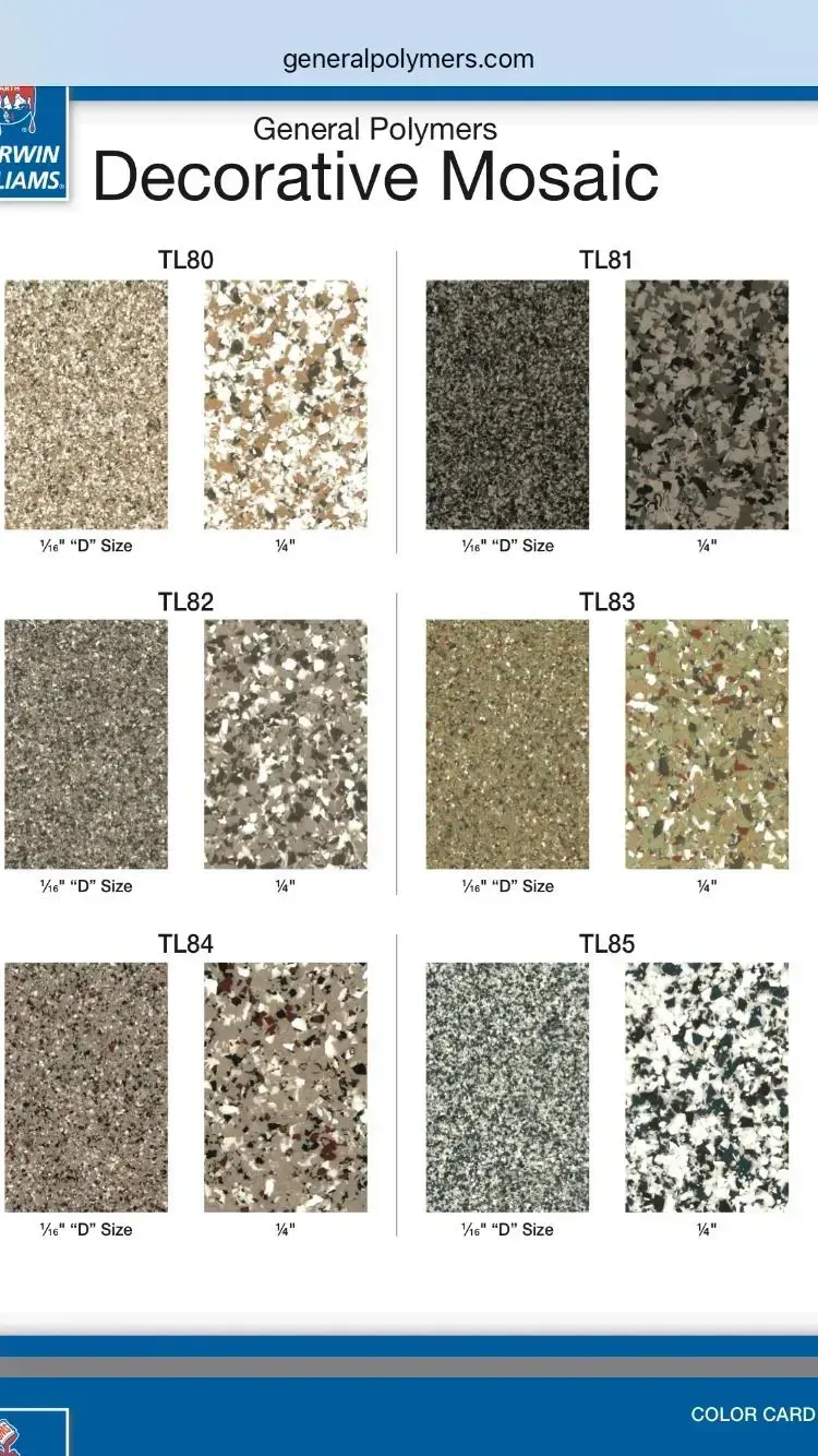 Decorative mosaic tile samples, eight variations, featuring speckled glass polymers in neutral tones.