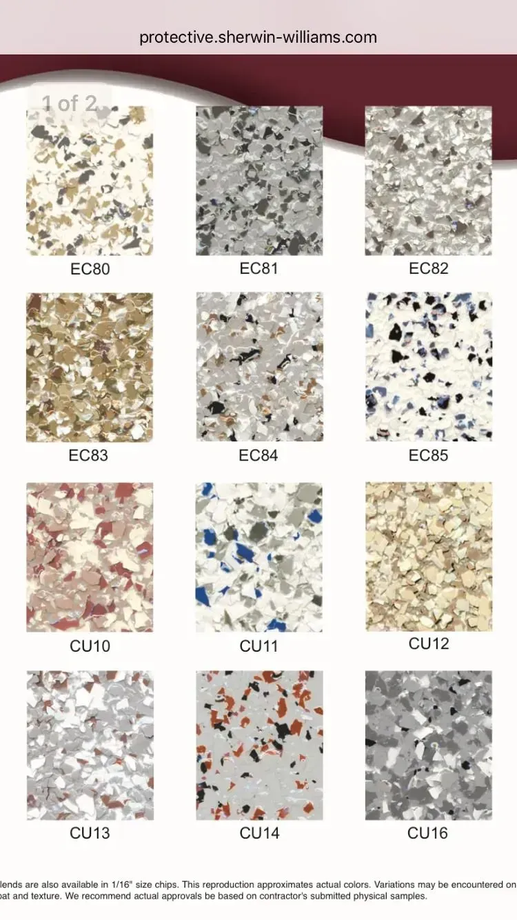 Color swatches of protective ceramic epoxy floor coatings. 12 different speckled patterns.