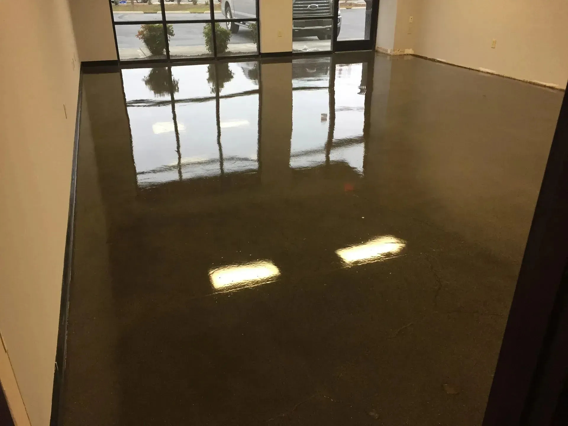 Shiny, reflective, dark brown floor with reflections of windows and trees, interior space.